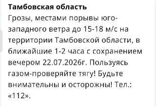 Гроза и сильный ветер ожидаются в Тамбовской области